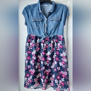 Wonder Nation Dress Girl XL Plus 14  Tween Denim Top Floral Skirt Easter Casual